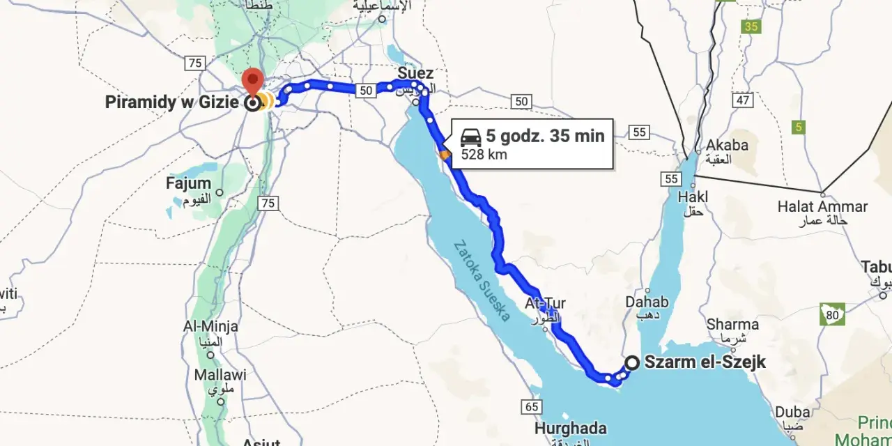 Trasa z Szarm el-Szejk do Piramid w Gizie, pokazująca, skąd najbliżej do piramid. Podróż trwa 5 godz. 35 min, dystans 528 km.