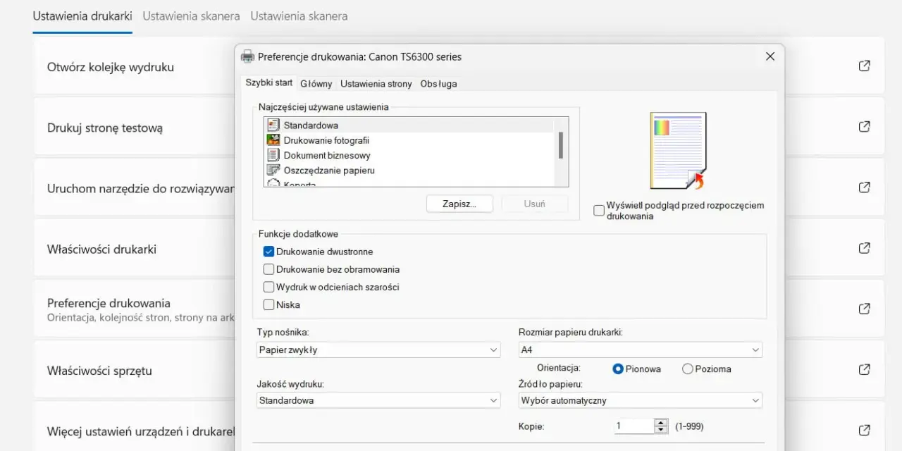 Ustawienia drukowania dwustronnego w oknie preferencji drukarki Canon TS6300.