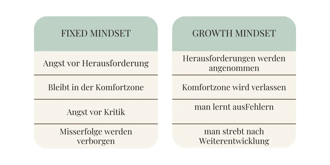 Gegenüberstellung von "Fixed Mindset" (Angst vor Herausforderungen, Kritik, Misserfolgen) und "Growth Mindset" (Herausforderungen annehmen, aus Fehlern lernen, Weiterentwicklung).