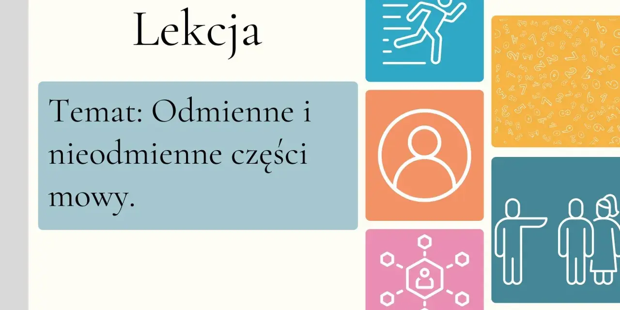 Lekcja o odmiennych i nieodmiennych częściach mowy. Grafiki symbolizują ruch, ludzi i liczby.