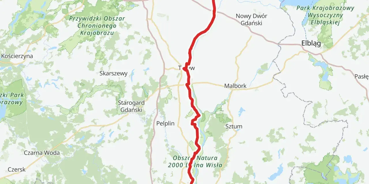 Mapa pokazuje przebieg wiślanej trasy rowerowej od Gdańska na północy, przez Malbork, aż po okolice Kwidzyna na południu.