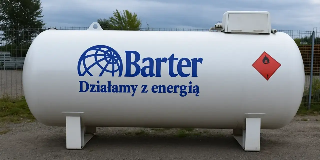 Duży, biały zbiornik na gaz butan z logo "Barter" i ostrzeżeniem o łatwopalności.