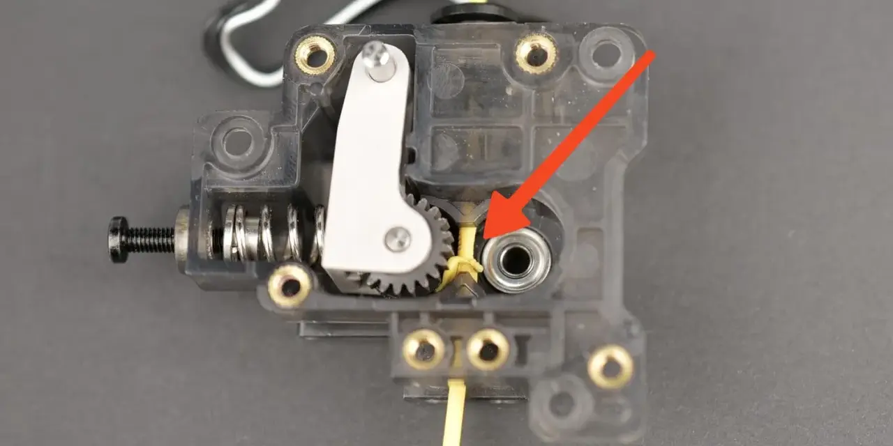 Mechanizm ekstrudera drukarki 3D, gdzie żółty filament wchodzi do mechanizmu. Strzałka wskazuje miejsce, które może wymagać czyszczenia, aby dowiedzieć się, jak wyczyścić dysze drukarki.