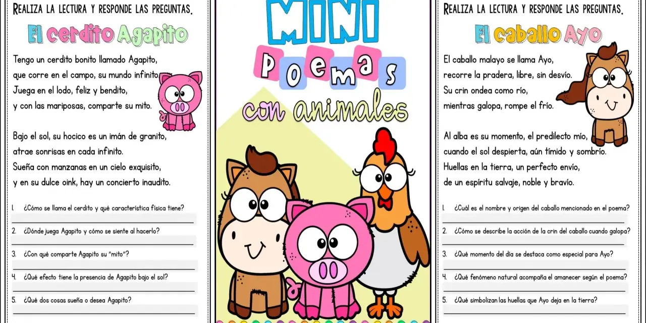 Fichas para comprensión lectora 2 primaria con poemas de un cerdito y un caballo, con preguntas para responder.