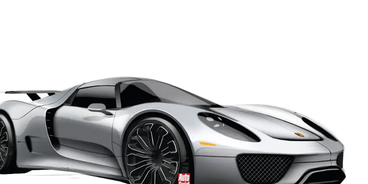 Srebrny Porsche 918 Spyder na białym tle, z widocznym logo "Auto Świat".