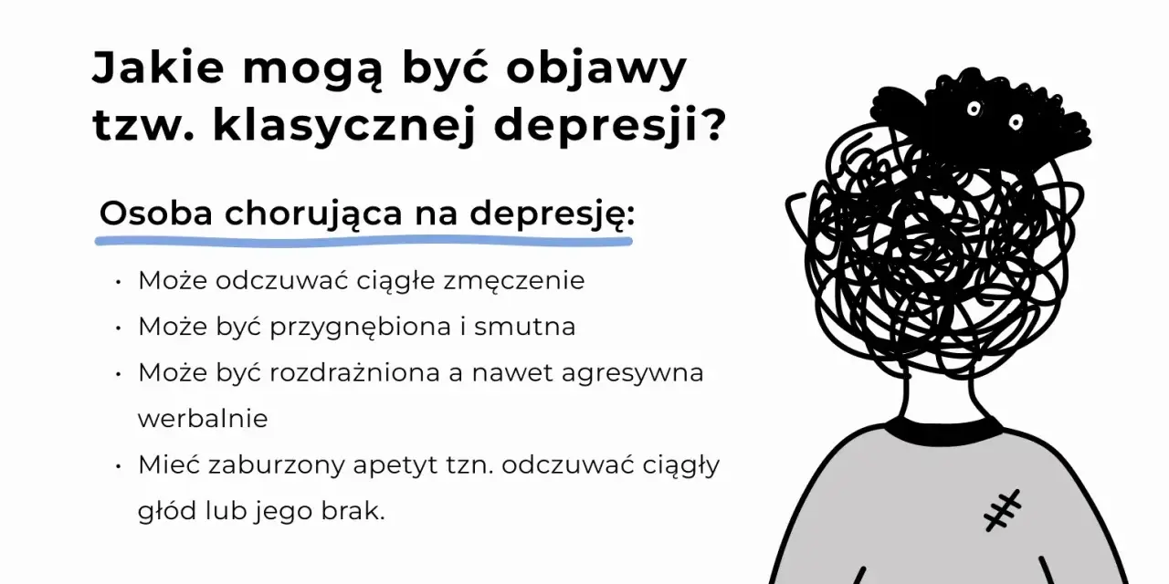 Ilustracja przedstawia postać z chaotyczną czarną głową i smutnymi oczami, symbolizującą depresję.