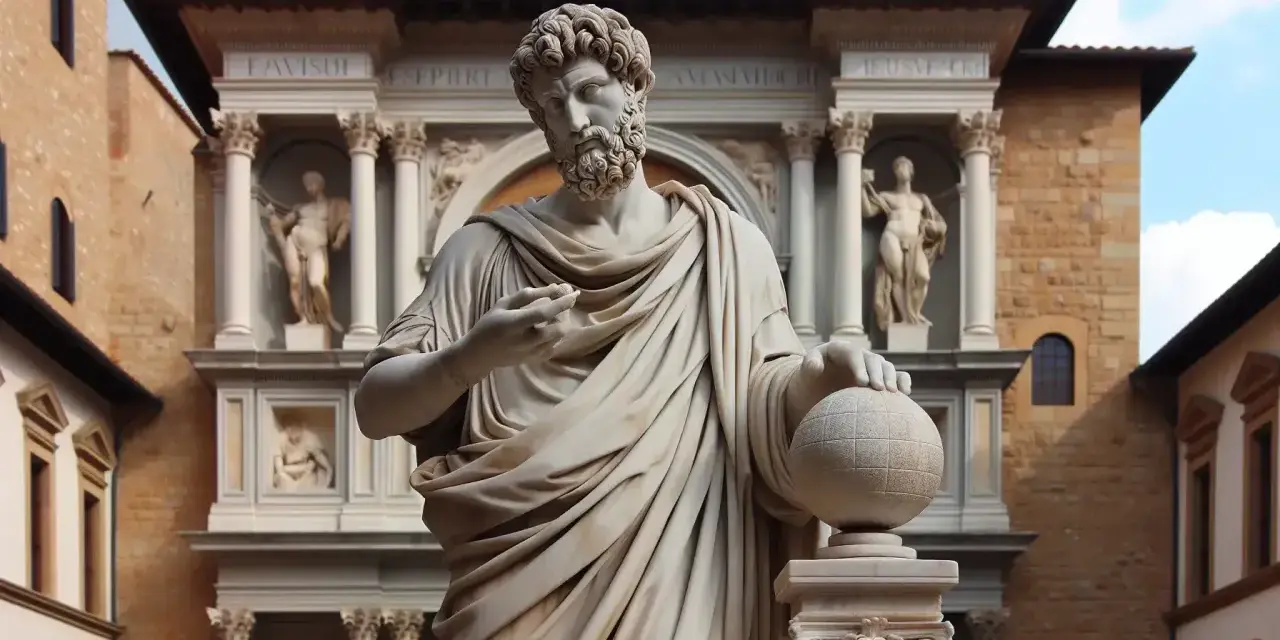 Estatua de mármol de un hombre con barba y túnica, sosteniendo un globo terráqueo, frente a un edificio renacentista.
