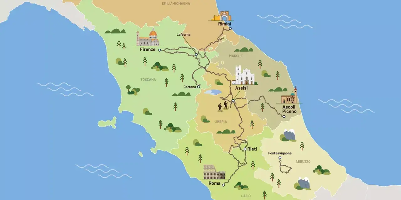 Mappa illustrata del Cammino di San Francesco, con le sue tappe principali da Rimini ad Assisi, Rieti e Roma, attraversando Toscana, Umbria e Marche.