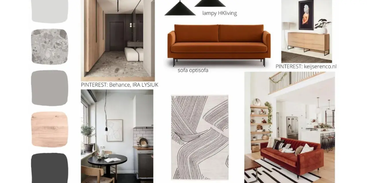 Inspirujący moodboard wnętrzarski: paleta kolorów, nowoczesna sofa, lampy, dywan i aranżacje.