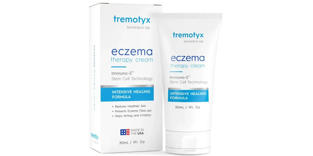 Opakowanie i tubka kremu na egzemę Tremotyx z napisem "Intensive Healing Formula".