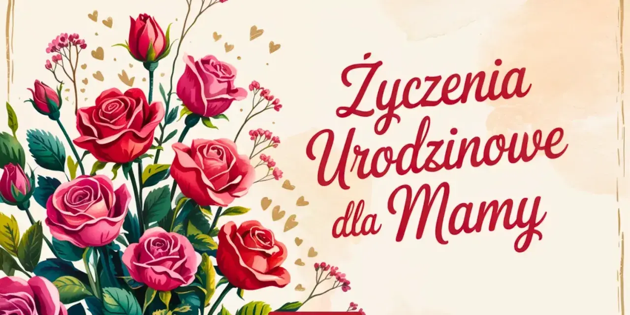 Bukiet róż i tekst "Życzenia Urodzinowe dla Mamy". Inspiracja, jak napisać życzenia urodzinowe.