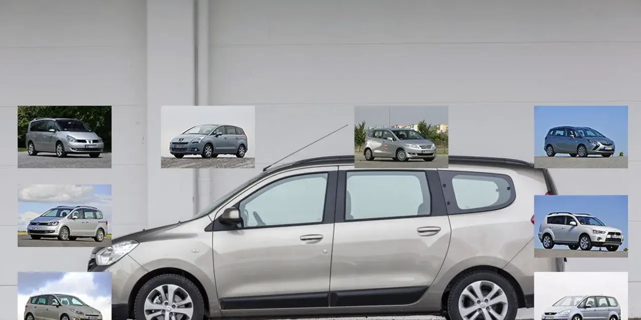 Kolekcja samochodów rodzinnych, w tym Dacia Lodgy, prezentowana na tle szarej ściany.