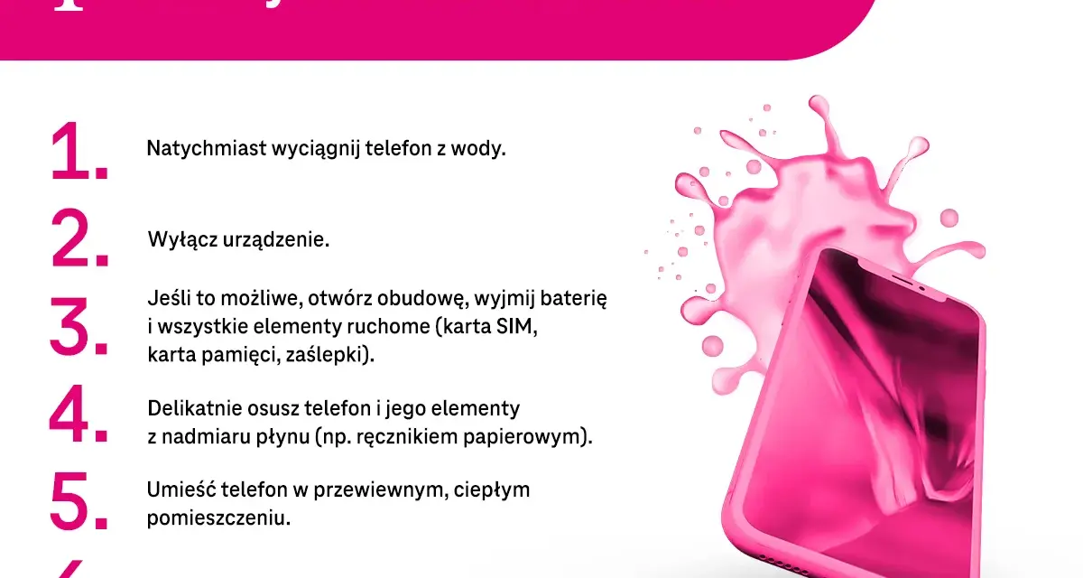 Zalany telefon? Natychmiast wyciągnij go z wody, wyłącz, osusz i umieść w przewiewnym miejscu. Jeśli nie działa, oddaj do serwisu.