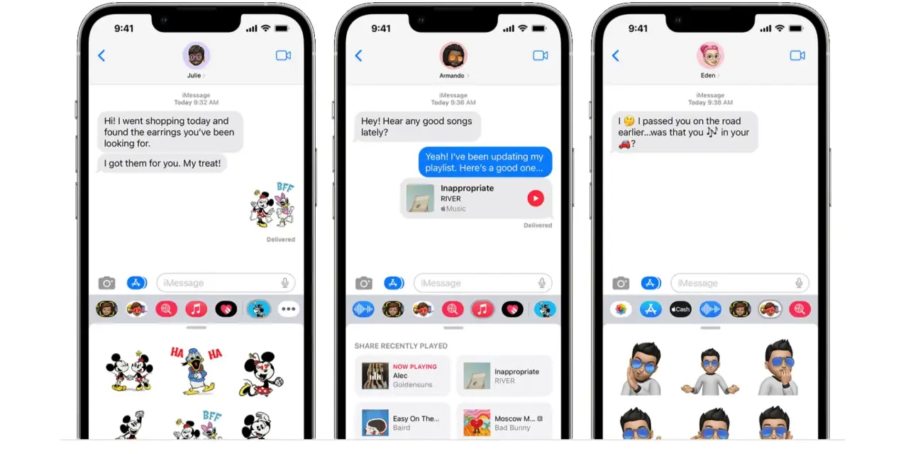 Trzy ekrany iPhone'a pokazują rozmowy w iMessage: zakupy, muzyka i spotkanie na drodze.