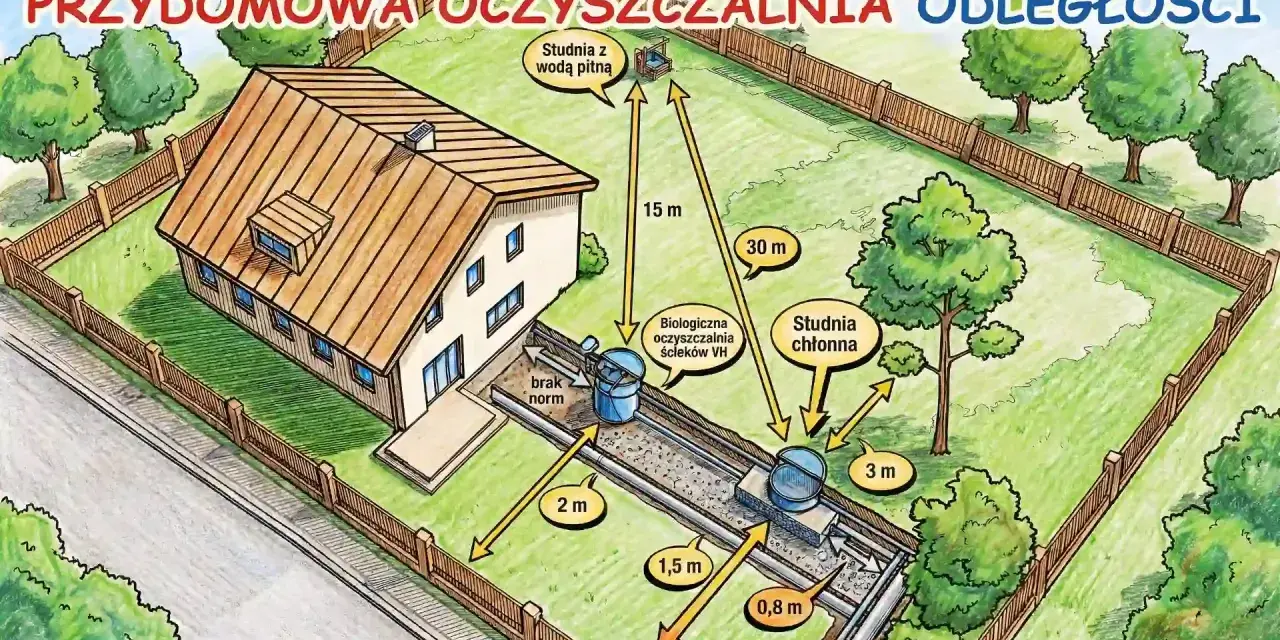 Schemat przydomowa ekologiczna oczyszczalnia ścieków. Pokazuje dom, studnie i odległości między nimi.