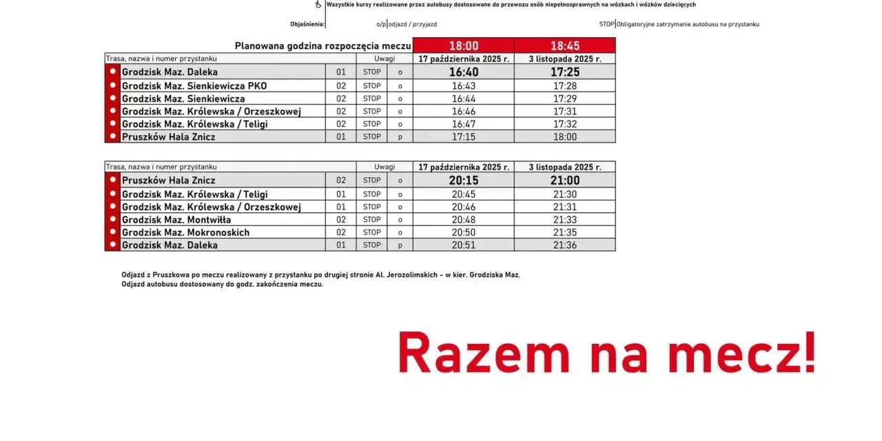 Grodzisk Mazowiecki rozkład jazdy autobusów na mecze. Tabela pokazuje godziny odjazdów z różnych przystanków.