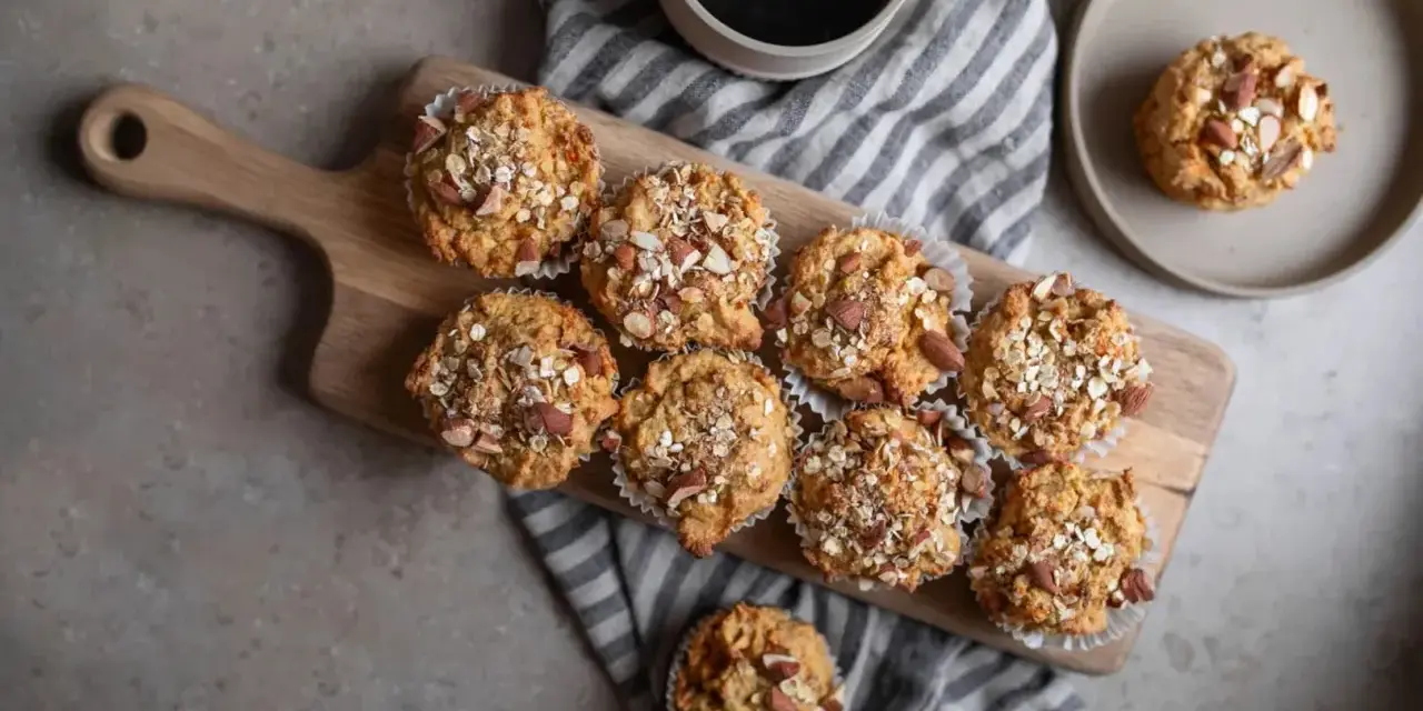 Nybakade muffins med havre och mandel, en del av en allsidig kost. En kopp kaffe står bredvid.