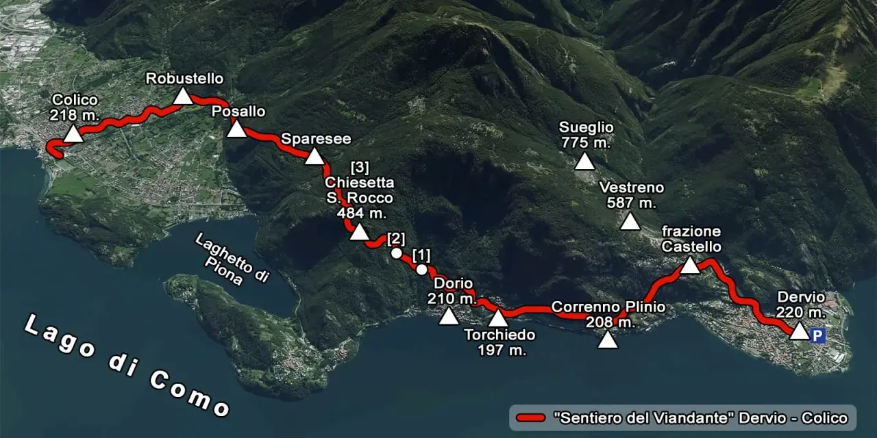 Mappa del Sentiero del Viandante sul Lago di Como, da Dervio a Colico, con tappe e altitudini.