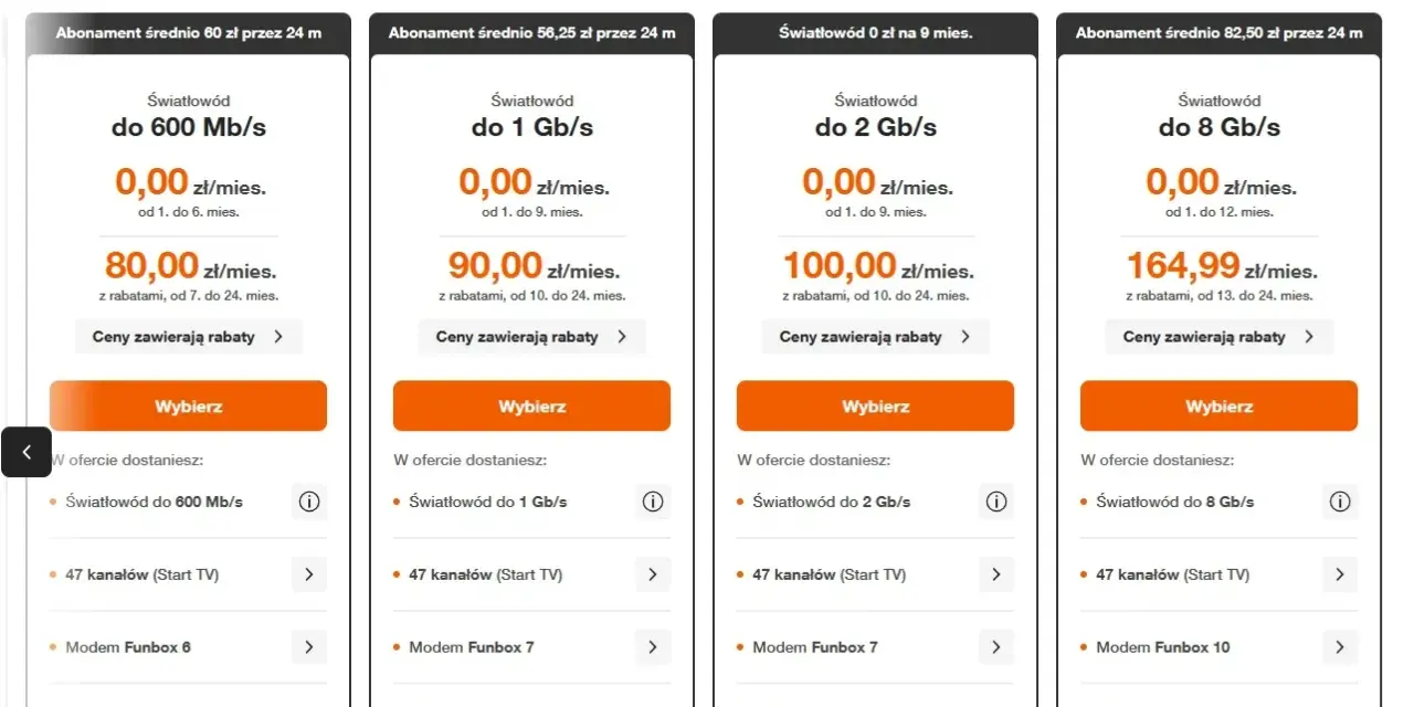 Porównanie ofert światłowodu: 600 Mb/s za 0 zł przez 6 mies., 1 Gb/s za 0 zł przez 9 mies., 2 Gb/s za 0 zł przez 9 mies., 8 Gb/s za 0 zł przez 12 mies. Sprawdź cenę światłowodu!