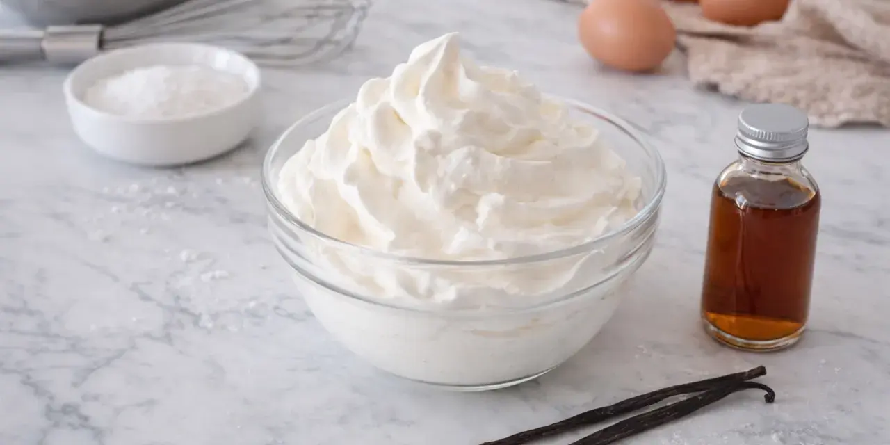 Un bol de chantilly maison aérienne, avec des ingrédients pour la préparer : œufs, vanille, sucre glace et un fouet.