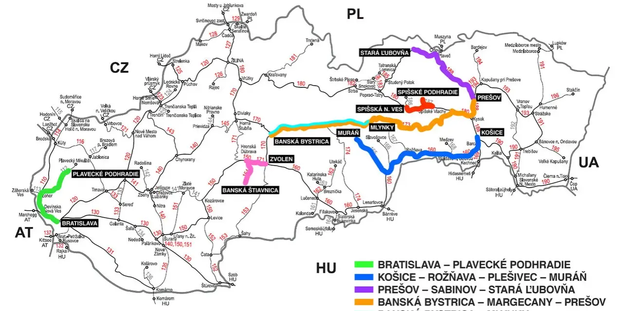Mapa Słowacji z zaznaczonymi trasami kolejowymi i nazwami miast.