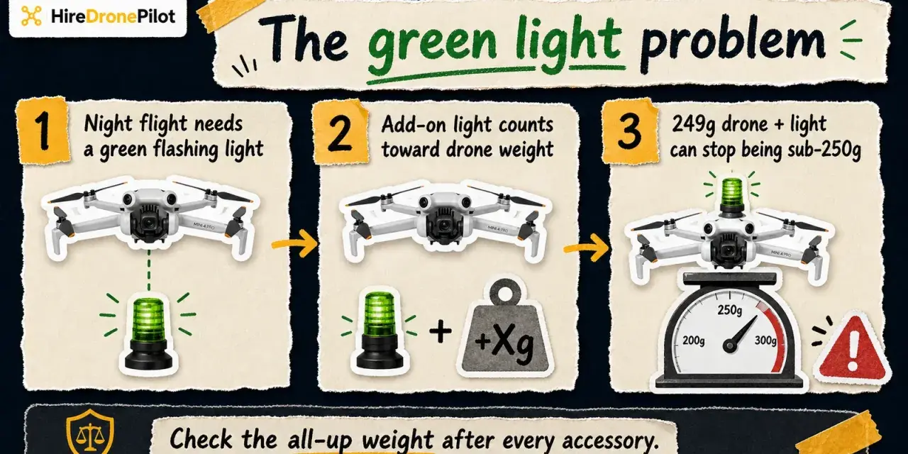 Infographic explaining drone laws: night flight requires a green light, which adds weight, potentially exceeding the 250g limit.