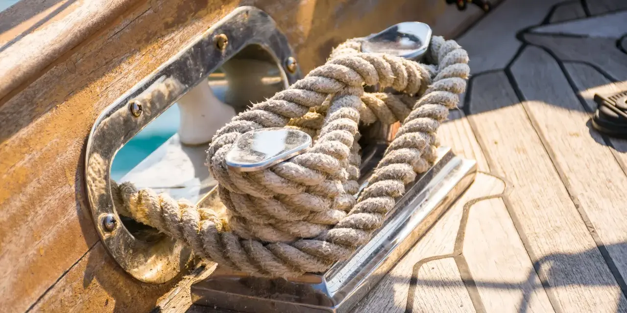 Festgemachtes Seil auf einer Bootsklampe. Das dicke Tauwerk liegt sicher auf dem glänzenden Metall der Klampe, bereit, das Boot festzumachen.