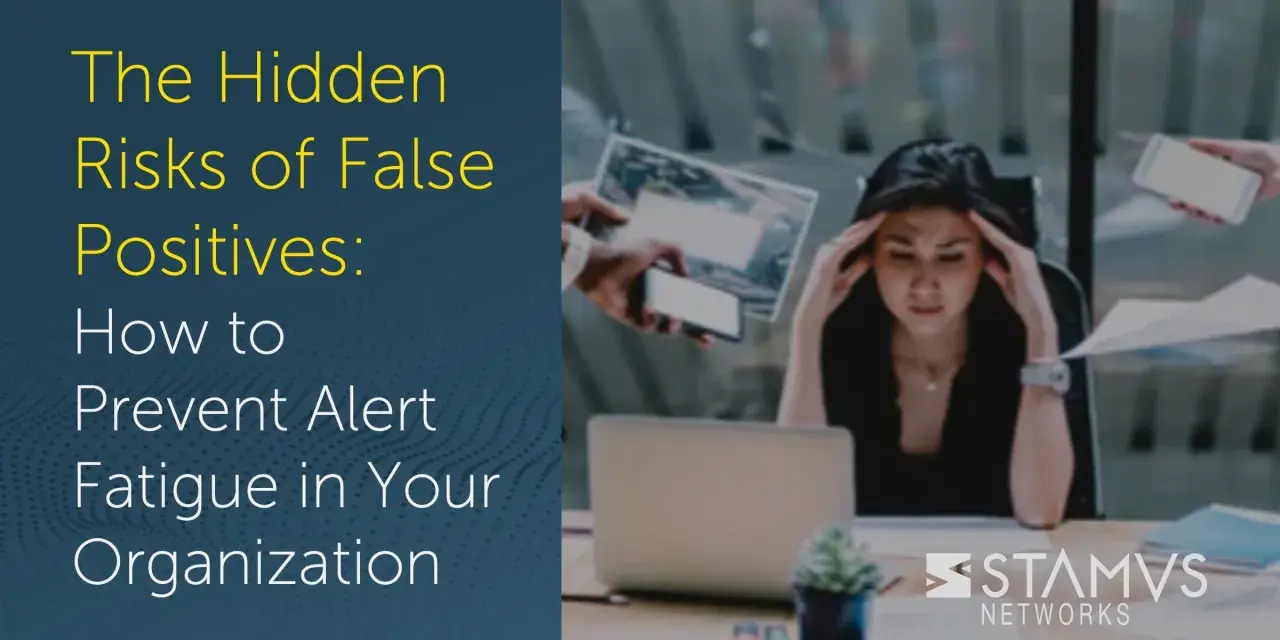Overwhelmed woman at desk, surrounded by alerts. The image highlights the hidden risks of false positives, showing how they can lead to alert fatigue, impacting true positive detection.