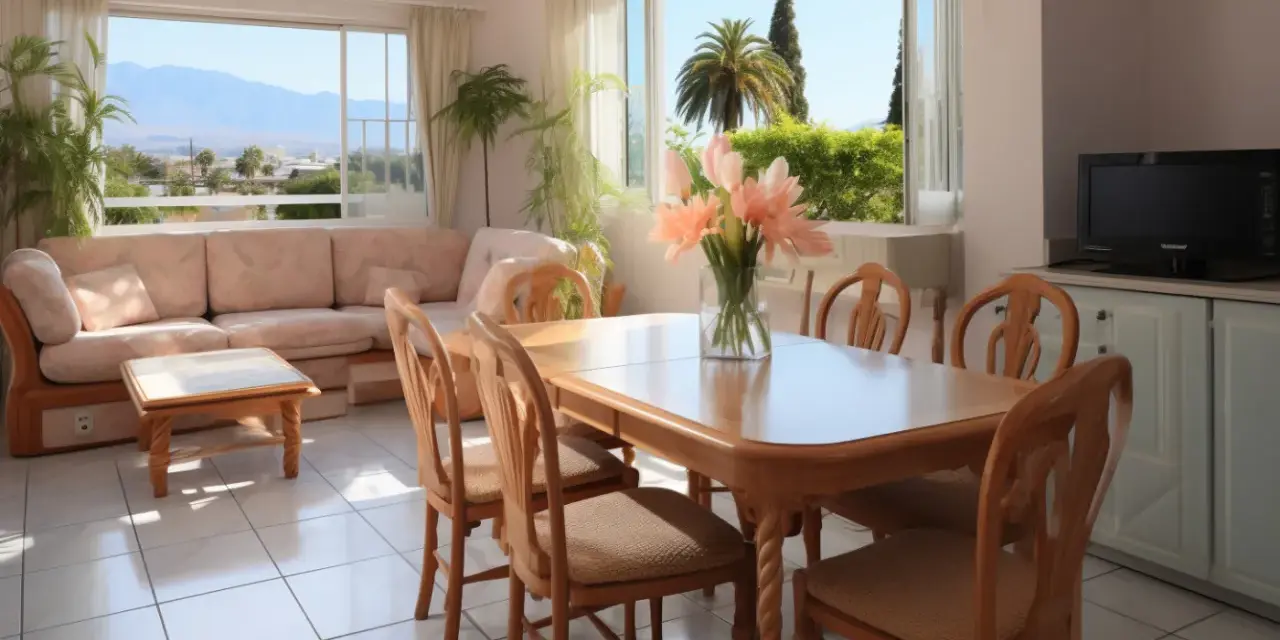 Un salon lumineux avec canapé, table à manger et vue sur les montagnes. Idéal pour imaginer comment partir en famille d'accueil.