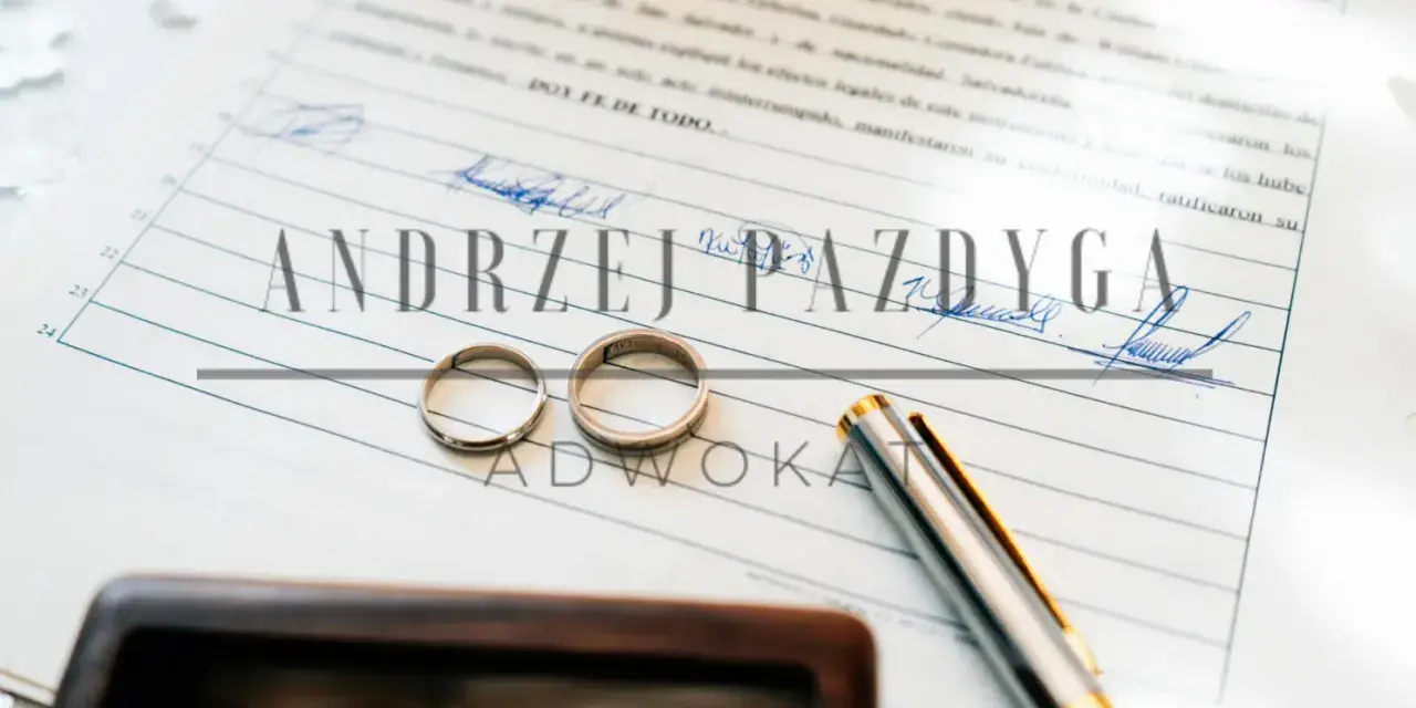 Dwa obrączki na dokumencie z podpisami i nazwiskiem "Andrzej Pazdyga", sugerujące intercyzę po ślubie. Obok pióro i drewniane pudełko.