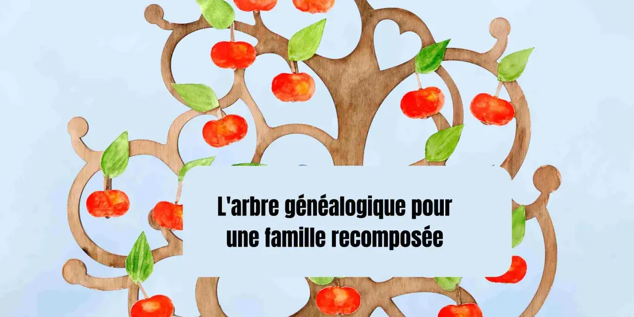 Un arbre généalogique pour une famille recomposée, symbolisé par des fruits rouges et des feuilles vertes sur un fond bleu pâle.