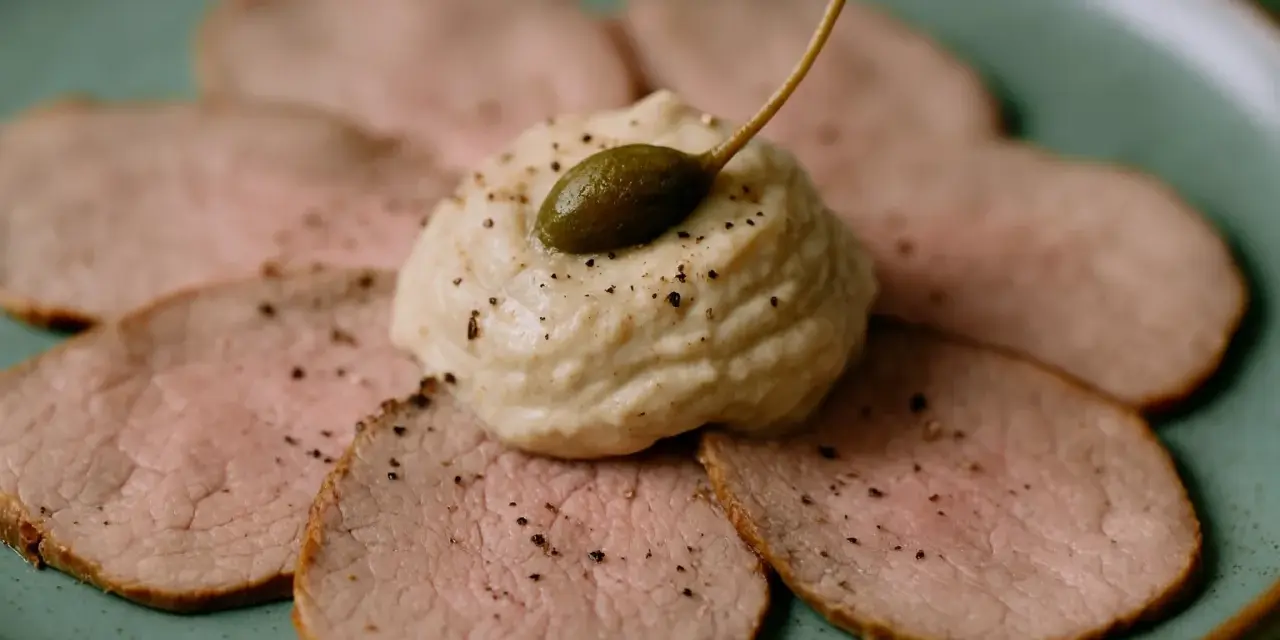 Vitello Tonnato: hauchdünne Scheiben Kalbfleisch, belegt mit einer cremigen Thunfischsauce und Kapern. Welches Fleisch ist das? Kalb!