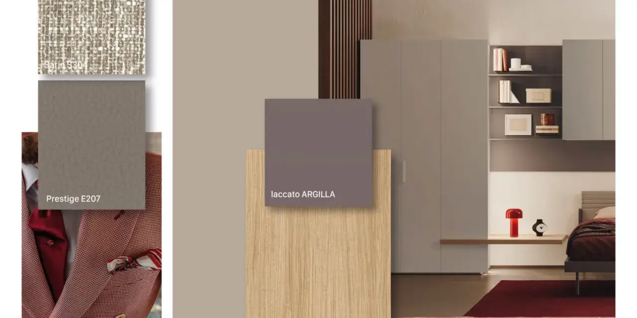 Moodboard con abbinamento legno chiaro e scuro: rovere, tortora, laccato argilla e tessuti eleganti.