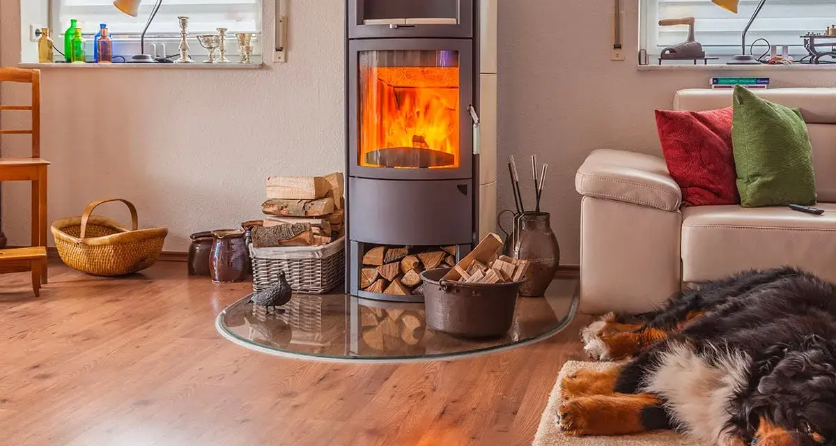 Poêle à bois allumé, bois empilé, canapé et chien endormi dans un salon confortable.