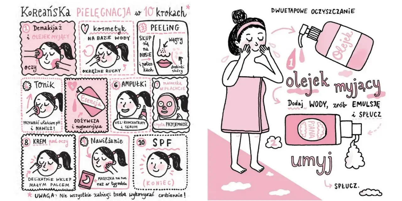 Ilustracja pokazuje 10 kroków koreańskiej pielęgnacji: demakijaż, kosmetyk na bazie wody, peeling, tonik, esencja, ampułki, krem pod oczy, nawilżanie, maseczka i SPF.
