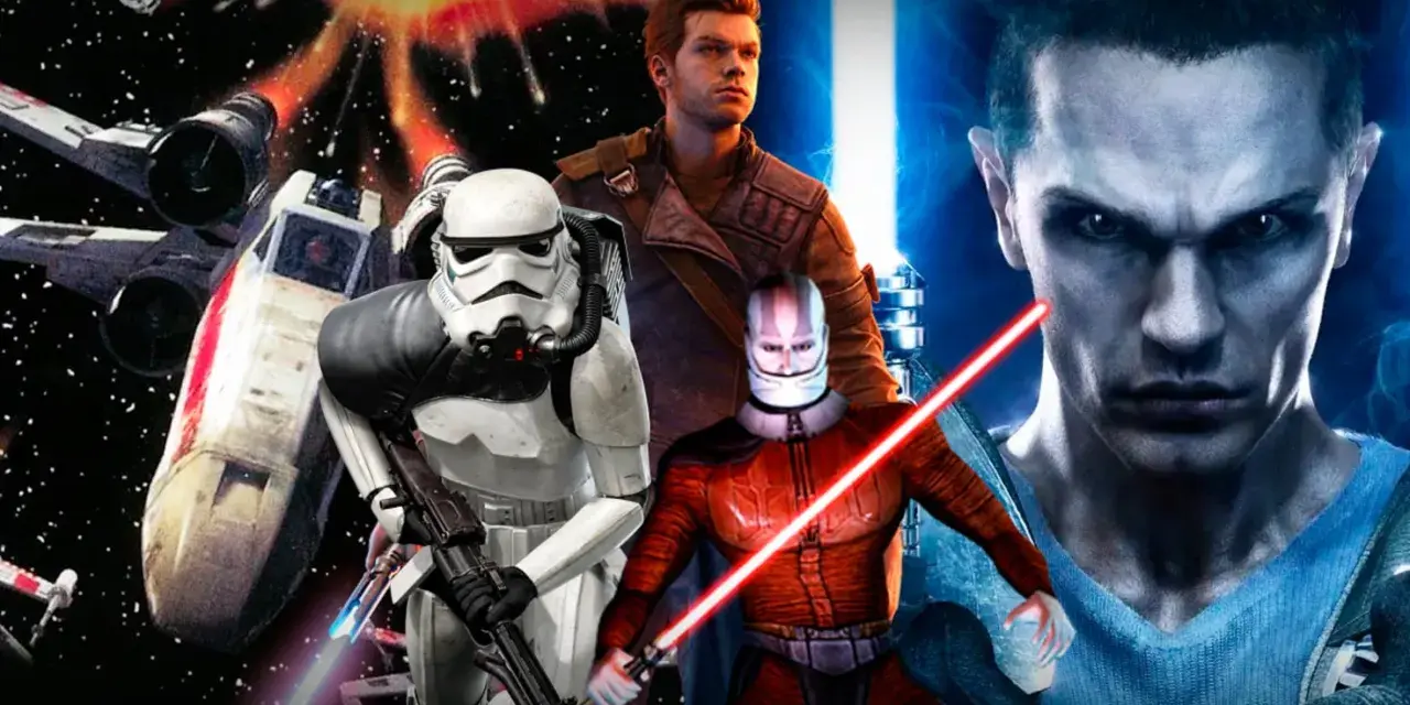 Personajes de los juegos de Star Wars: un soldado imperial, un Jedi y un Sith con sables de luz, junto a una nave X-wing en combate.