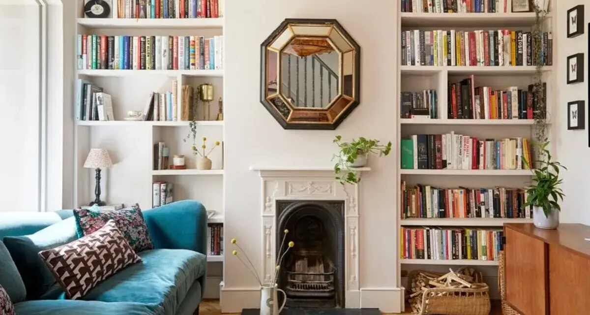 Acogedor salón estrecho y rectangular con sofá azul, chimenea y estanterías repletas de libros.