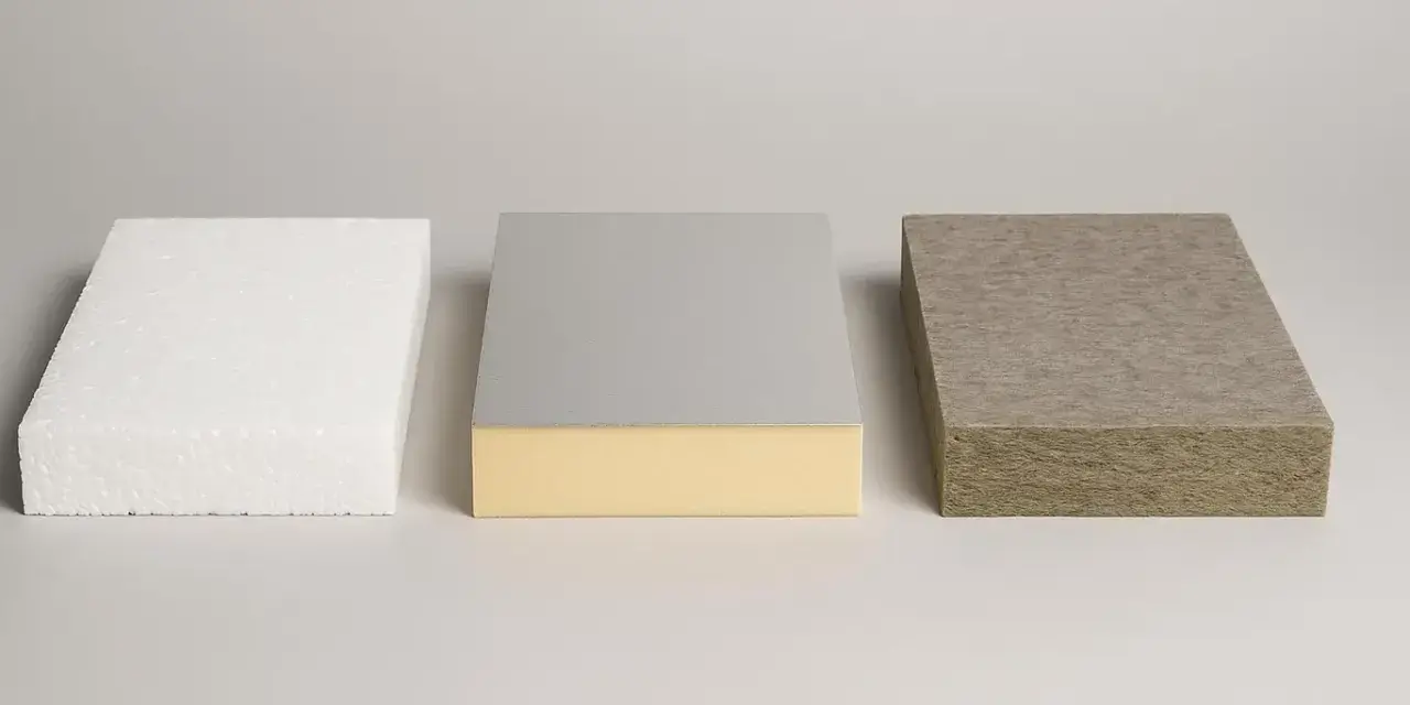 Trzy próbki materiałów budowlanych: biały styropian, płyta warstwowa z pianką i okładziną, oraz szara wełna mineralna. Wszystkie służą do izolacji cieplnej.