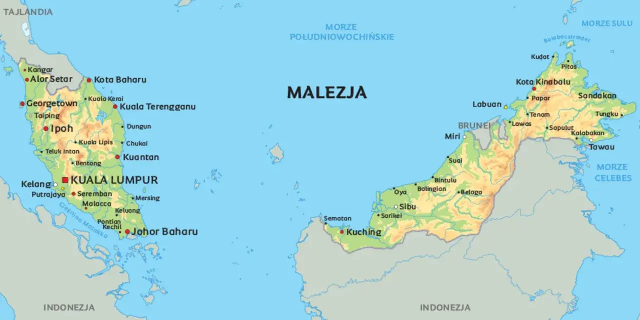 Mapa pokazuje, gdzie leży Malezja, między Tajlandią a Indonezją, otoczona Morzem Południowochińskim i Morzem Celebes.