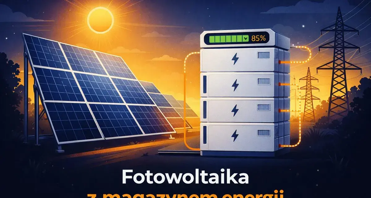 Fotowoltaika z magazynem energii w Polsce. Panele słoneczne ładują baterie, które zasilają sieć energetyczną.
