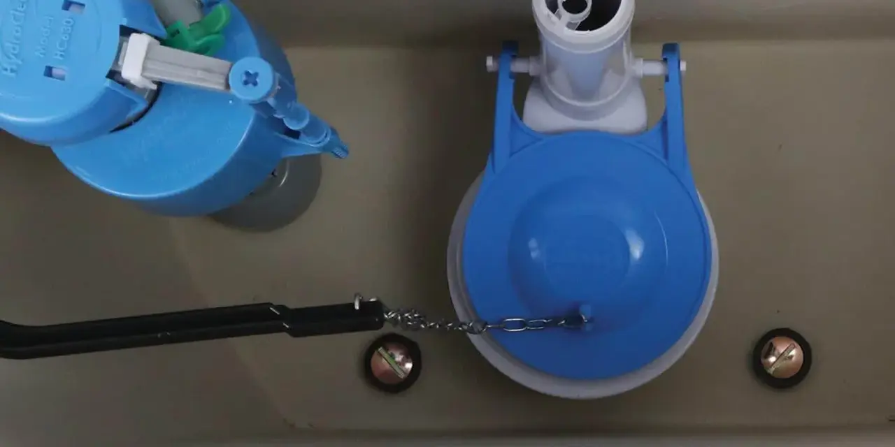 Toilet tank internals. A blue Hydroclean flush valve and a blue dual-flush valve. Could a faulty valve be why does my toilet keep running?
