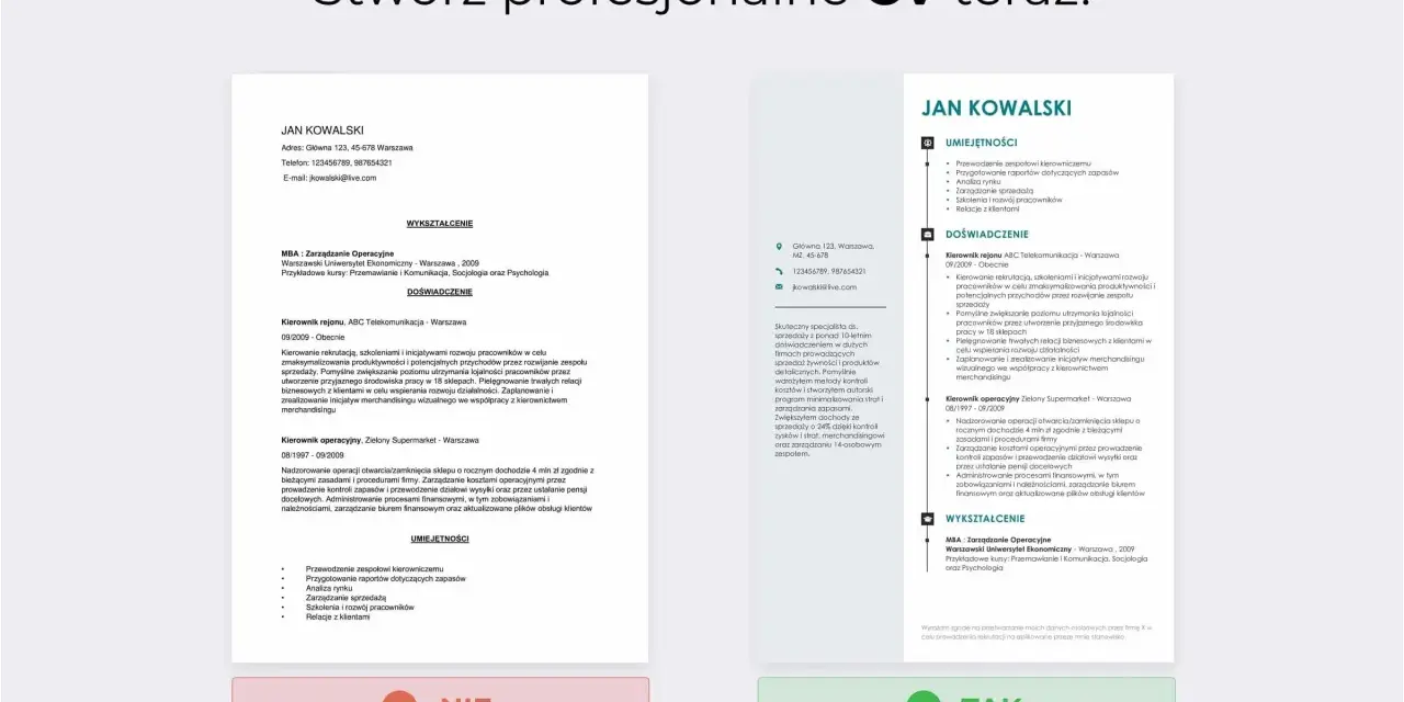 CV dla ucznia: Jan Kowalski, doświadczony menedżer, prezentuje swoje umiejętności i wykształcenie.
