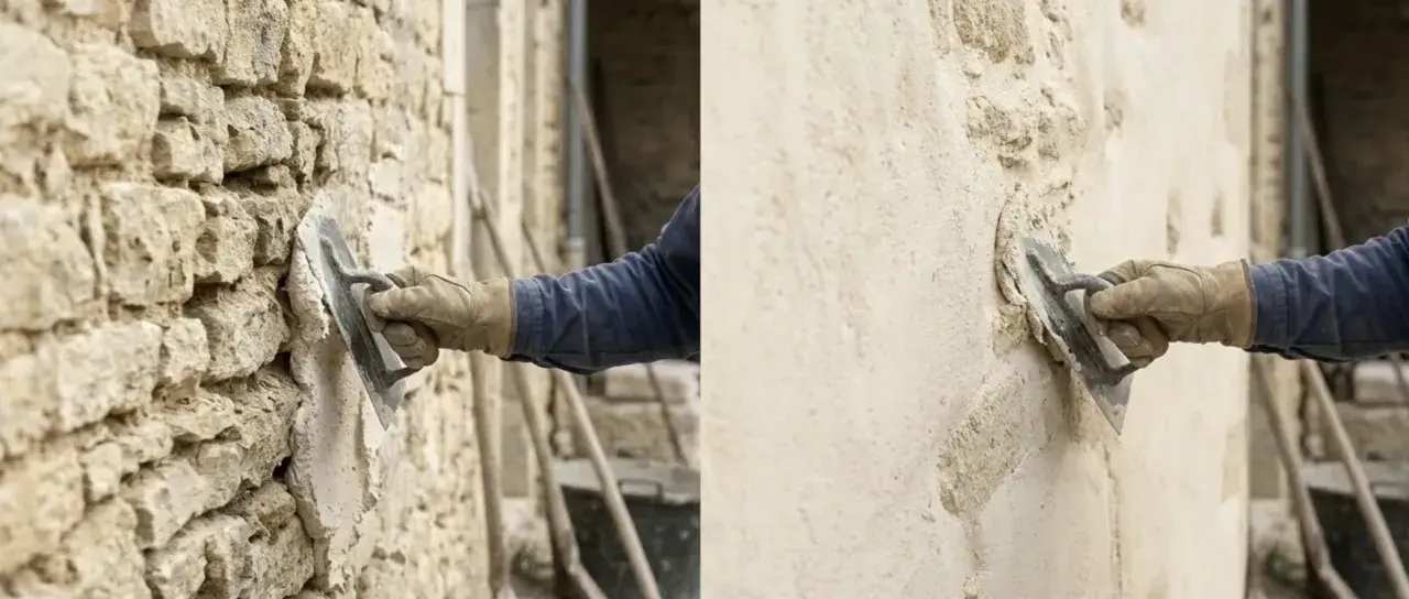 Application d'un enduit pierre vue sur un mur ancien. Un artisan applique le mortier avec une truelle, révélant la texture brute des pierres.