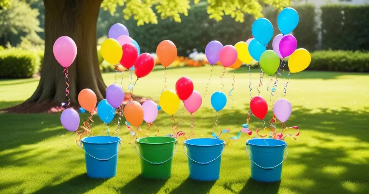 Färgglada ballonger svävar över hinkar på en gräsmatta, redo för en lek att kasta boll i hink.