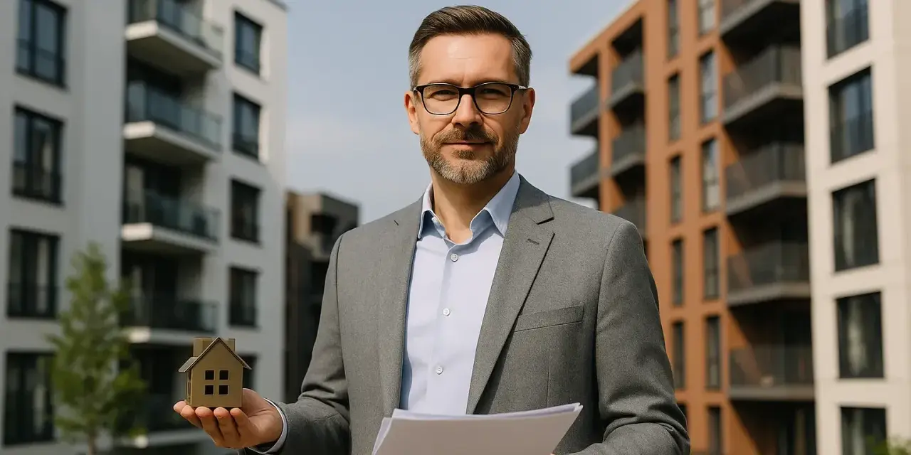 Makler hält Hausmodell und Dokumente vor Neubauten in Bonn. Infos zur Mietpreisbremse Bonn.