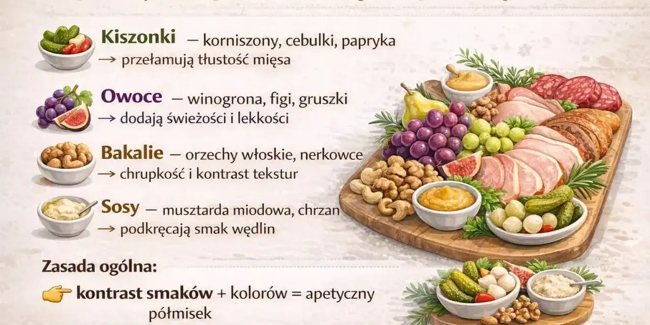 Apetyczny półmisek wędlin z owocami, bakaliami, kiszonkami i sosami.