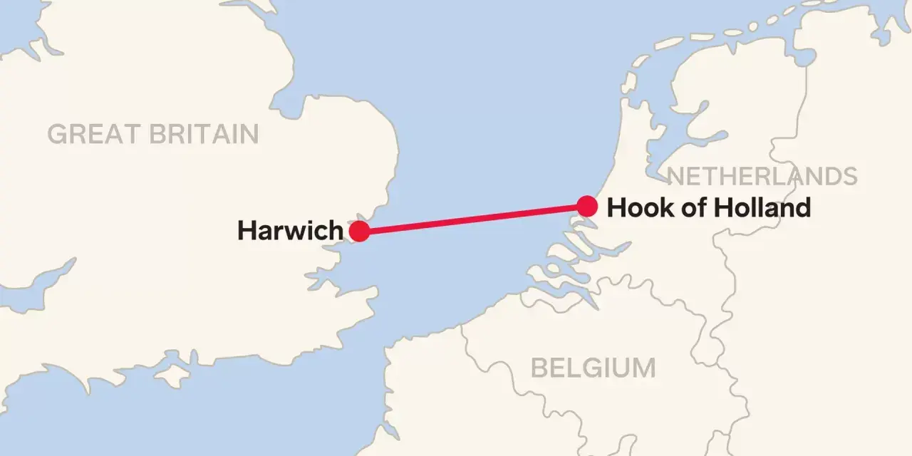 Mapa pokazuje trasę promową z Harwich w Wielkiej Brytanii do Hook of Holland w Holandii.