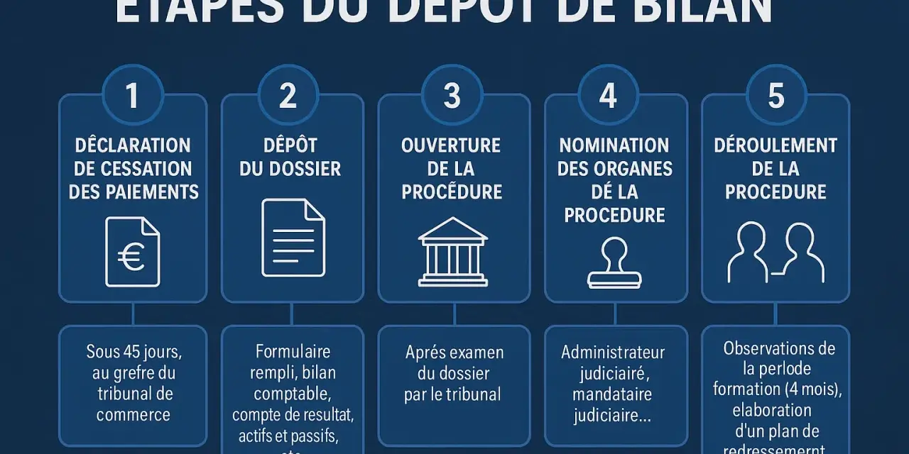 Les étapes du dépôt de bilan d'une SARL et les conséquences pour le gérant : déclaration, dépôt du dossier, ouverture, nomination des organes, déroulement.