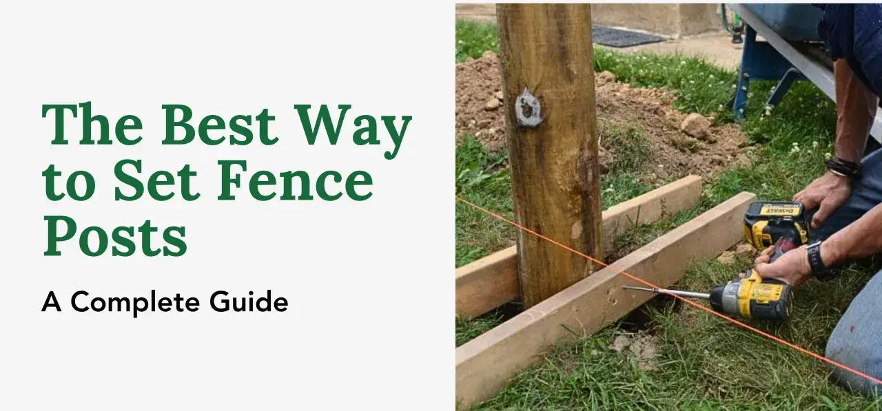 Learn how to install fence posts with this guide. A person uses a drill to secure wooden braces around a fence post.