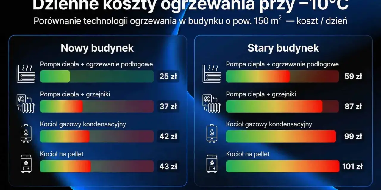 Porównanie dziennych kosztów ogrzewania przy -10°C dla budynku 150 m². Kocioł gazowy kondensacyjny w starym budynku to 99 zł, a w nowym 42 zł.